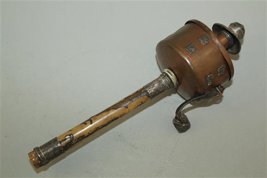 A Tibetan childs copper and wood prayer wheel, late 19th century 22.5cm